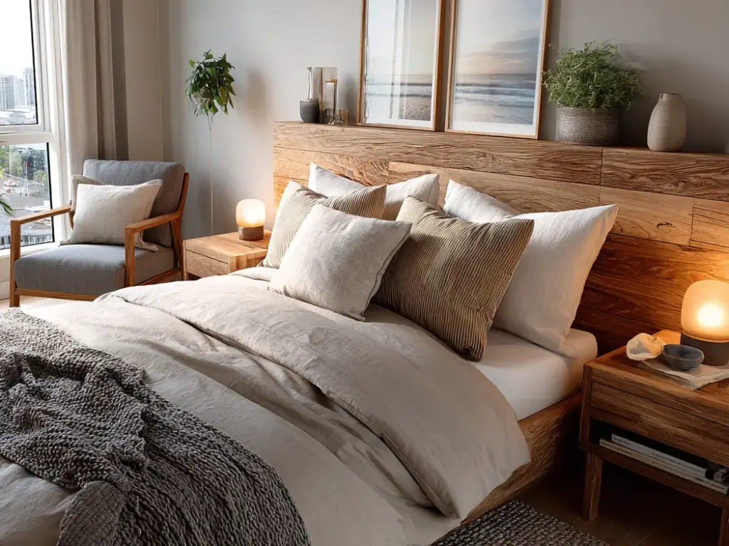 Estilo inspirado no BBB26, decoração moderna com cabecera de madeira, almofadas neutras