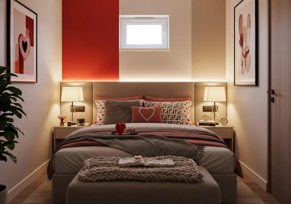 Decorado com detalhes românticos, luz ambiente suave, paredes decoradas com quadros e iluminação indireta