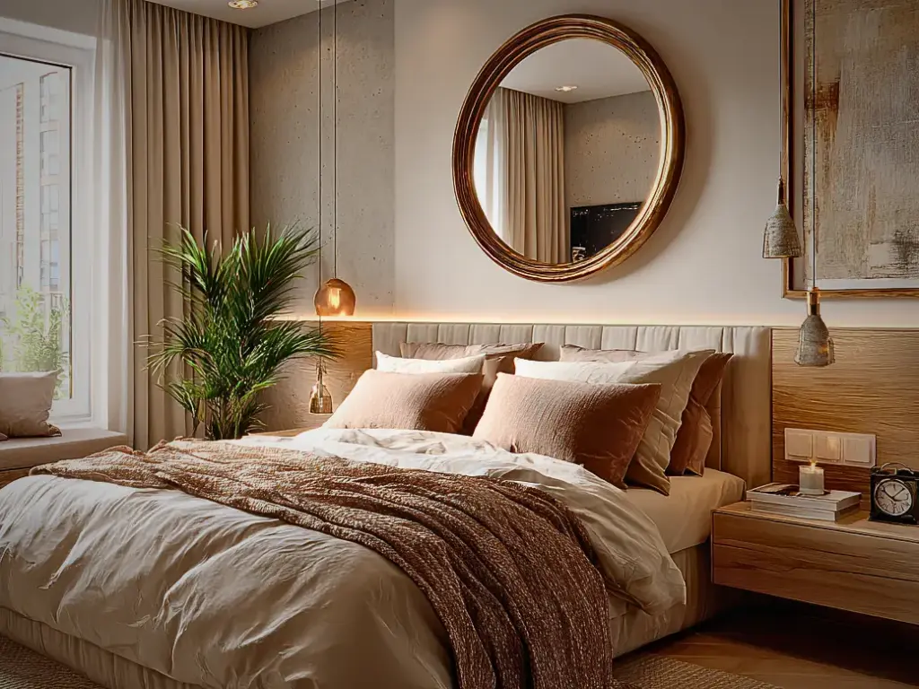 Decoração vintage com detalhes elegantes incluindo espelho redondo na parede, travesseiros de veludo, cortinas de tecido