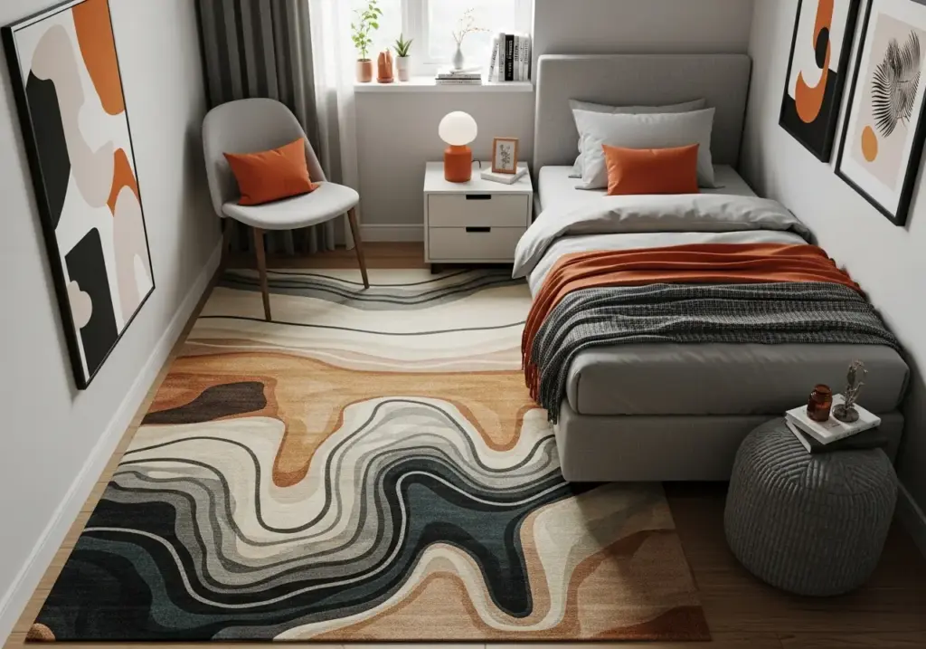 Quarto moderno com tapete trazendo profundidade ao ambiente, com cores vibrantes e design contemporâneo que confere sensação de amplitude