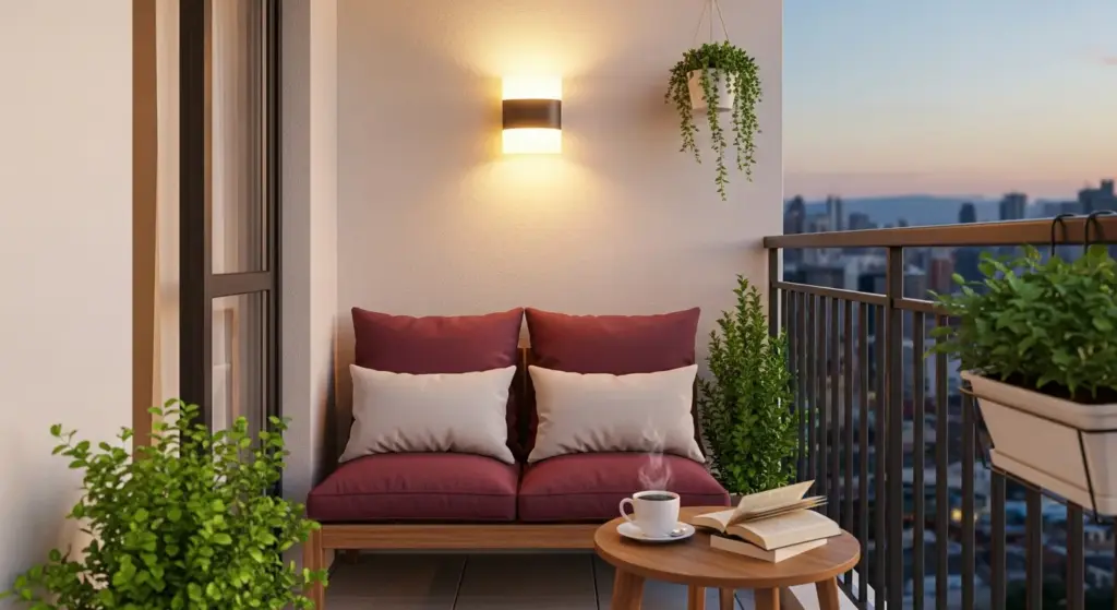 Varanda simples decorada com sofá pequeno com almofadas, mesa de canto com xícara e livro, plantas em vasos, iluminação suave na parede