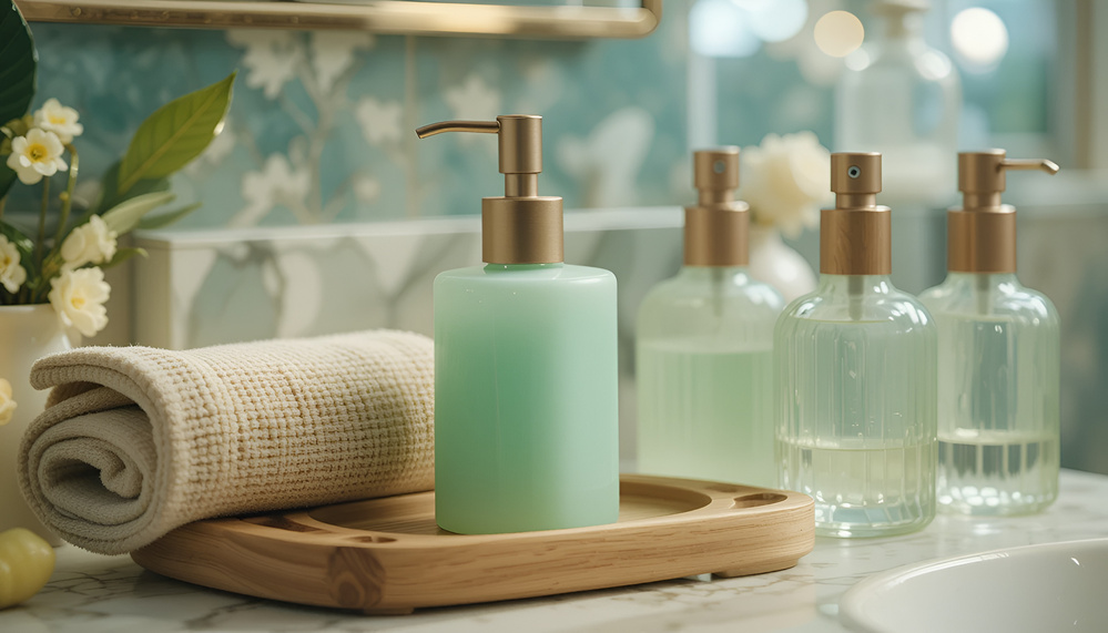 Organizar o espaço no banheiro com acessórios de higiene, incluindo sabonete líquido, toalhas e frascos de vidro em um ambiente bem arrumado e decorado.