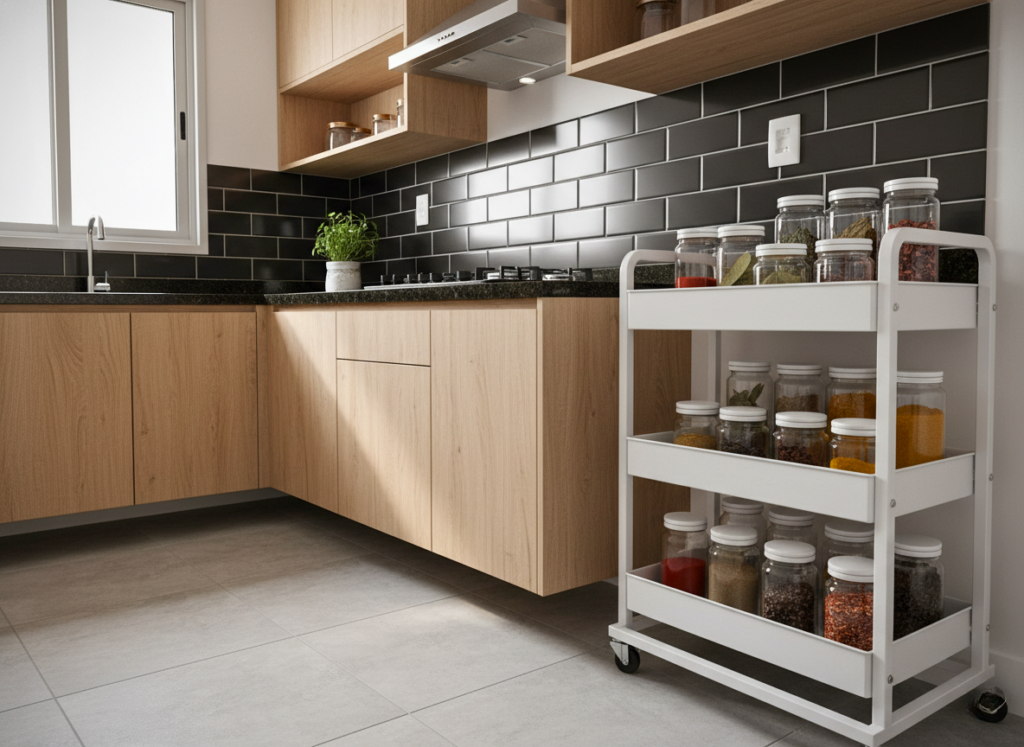 Carrinho de temperos organizado na cozinha moderna com armários de madeira e parede de azulejos pretos, ideal para otimizar espaço e facilitar o uso.