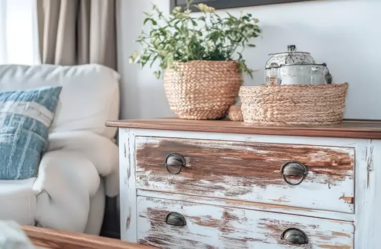 Decoração de ambiente com estilo shabby chic, destacando móvel de madeira com pintura desgastada, vasos de fibra natural com plantas e objetos vintage. Ideal para quem busca charme de casas de campo europeias.