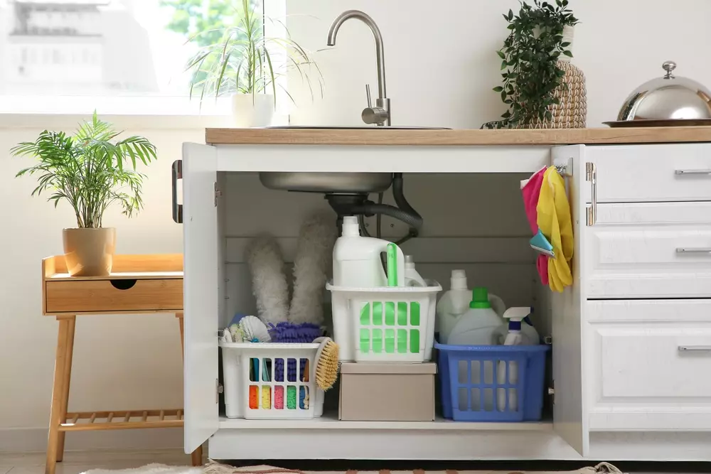 Checklist de materiais essenciais para a casa renovada para o Carnaval, com produtos de limpeza e organização em armário de cozinha limpo e bem organizado.