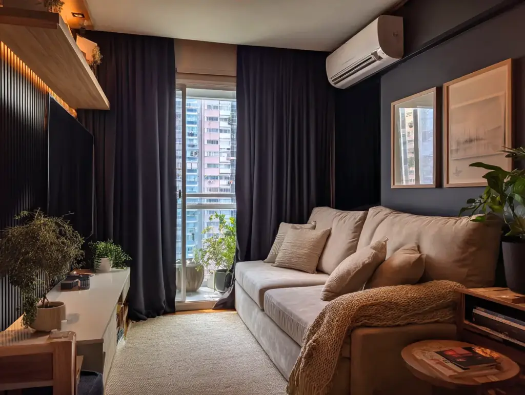 Uma sala de estar com cortinas blackout pretas, sofá bege, e janelas com vista para prédios, ideal para bloquear luz e privacidade.