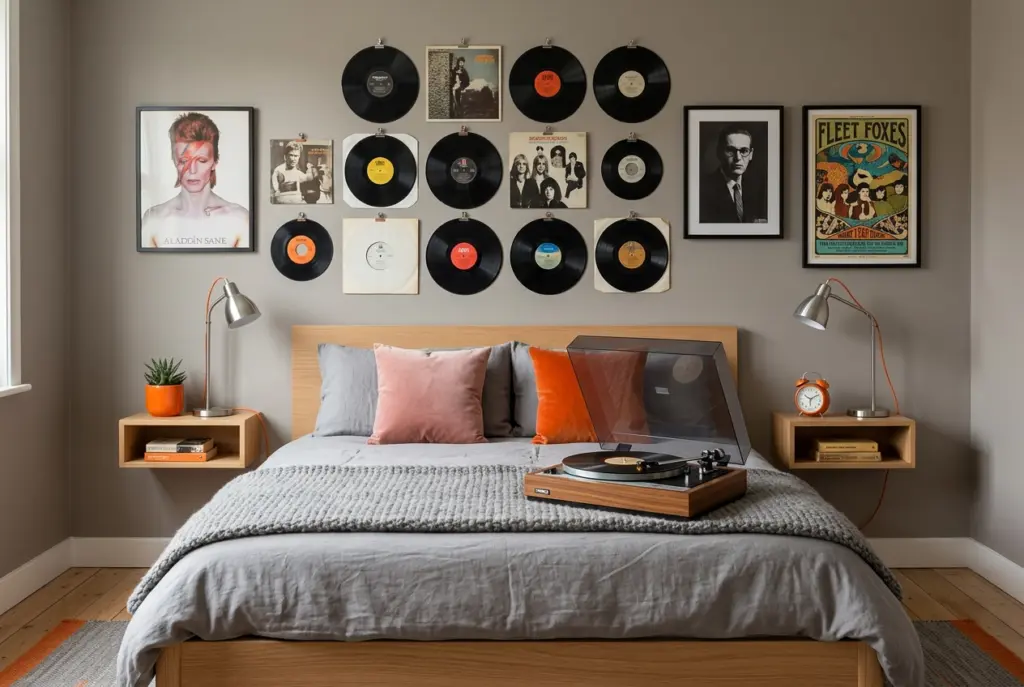 Decoração de quarto com estilo shabby chic, combinando elementos vintage como discos de vinil e pôsteres com móveis modernos e cores suaves.