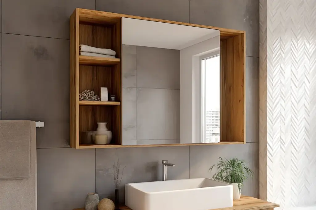 Espelheira de banheiro, cor de madeira com pratileiras