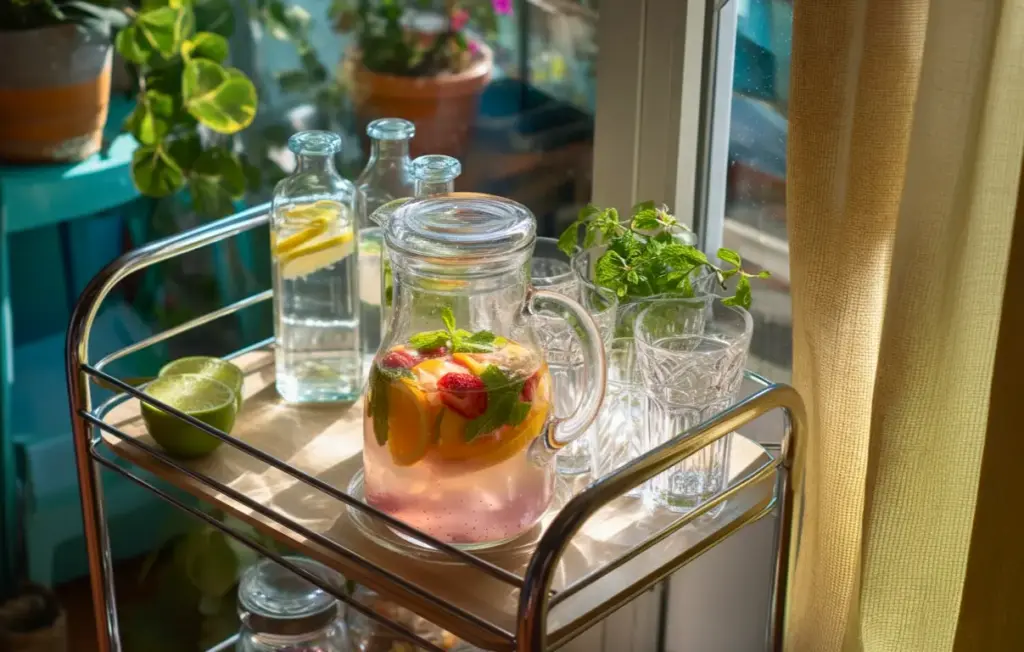 Estação de hidratação com jarra de água infundida com frutas, copos, garrafas de água e plantas ao lado de uma janela, decorada para a casa renovada para o Carnaval.