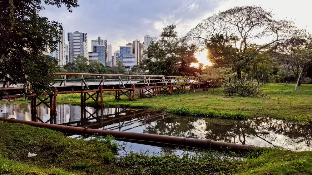 Vista da ponte do Lago Igapó ao pôr do sol com os edifícios da Gleba Palhano ao fundo. 