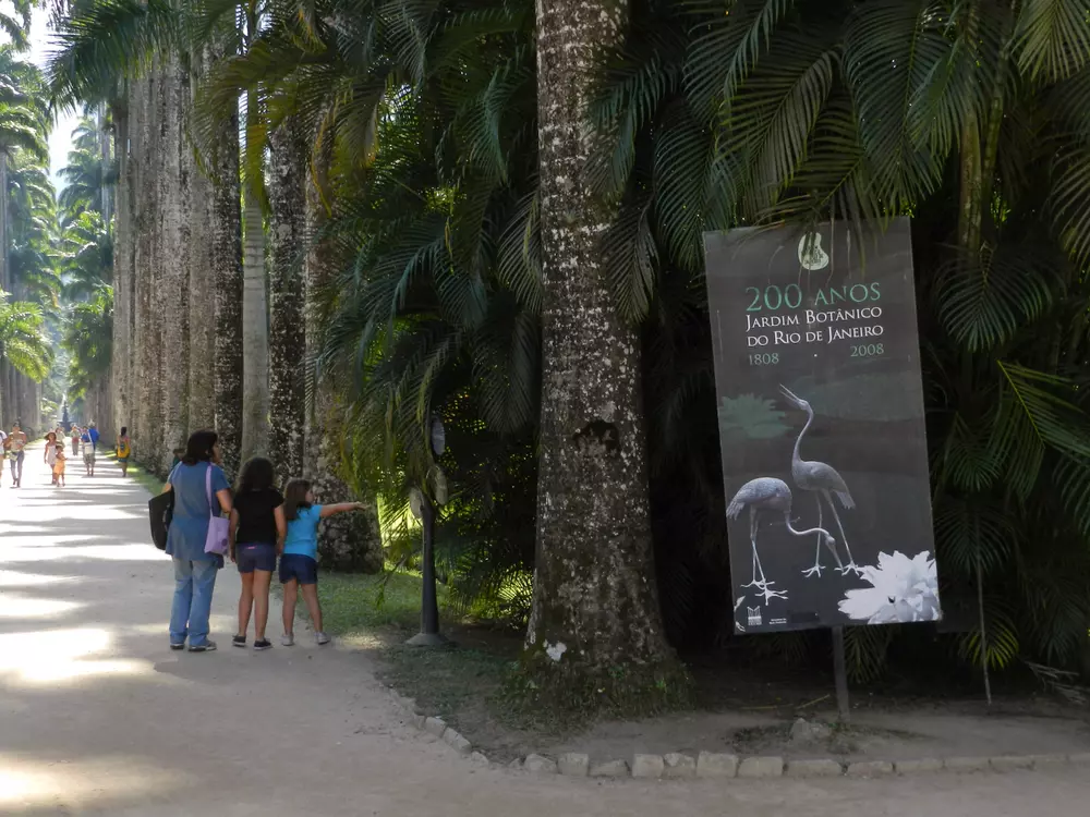 Família visitando o Jardim Botânico do Rio de Janeiro no bairro Jardim Botânico, com árvores gigantes e um cartaz comemorativo de 200 anos.
