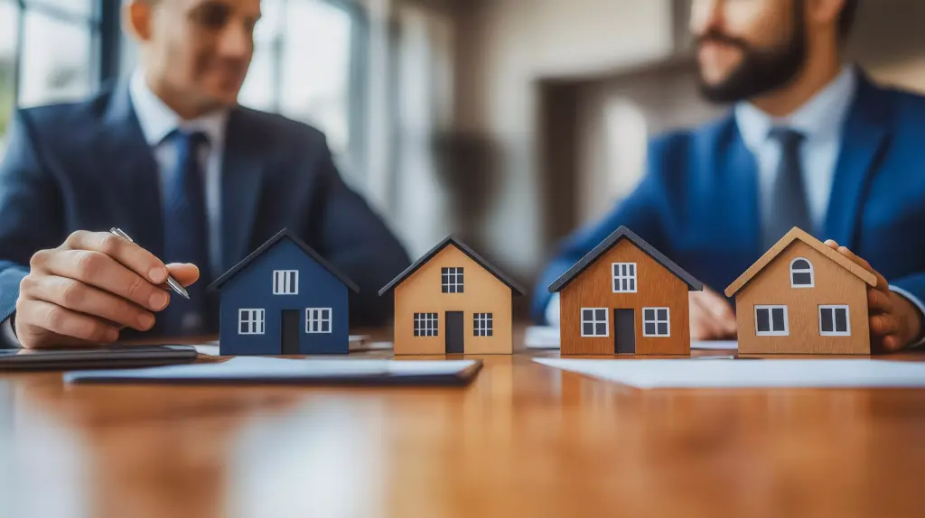 Dois homens estão sentados à mesa com uma pilha de papéis e um miniaturas de casas.