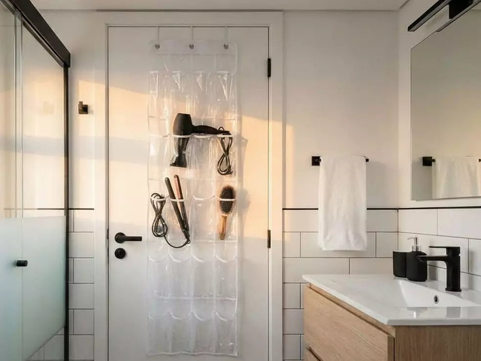 banheiro pequeno e minimalista, com uma sapateira transparente pendurada na porta com secador, chapinha e escova