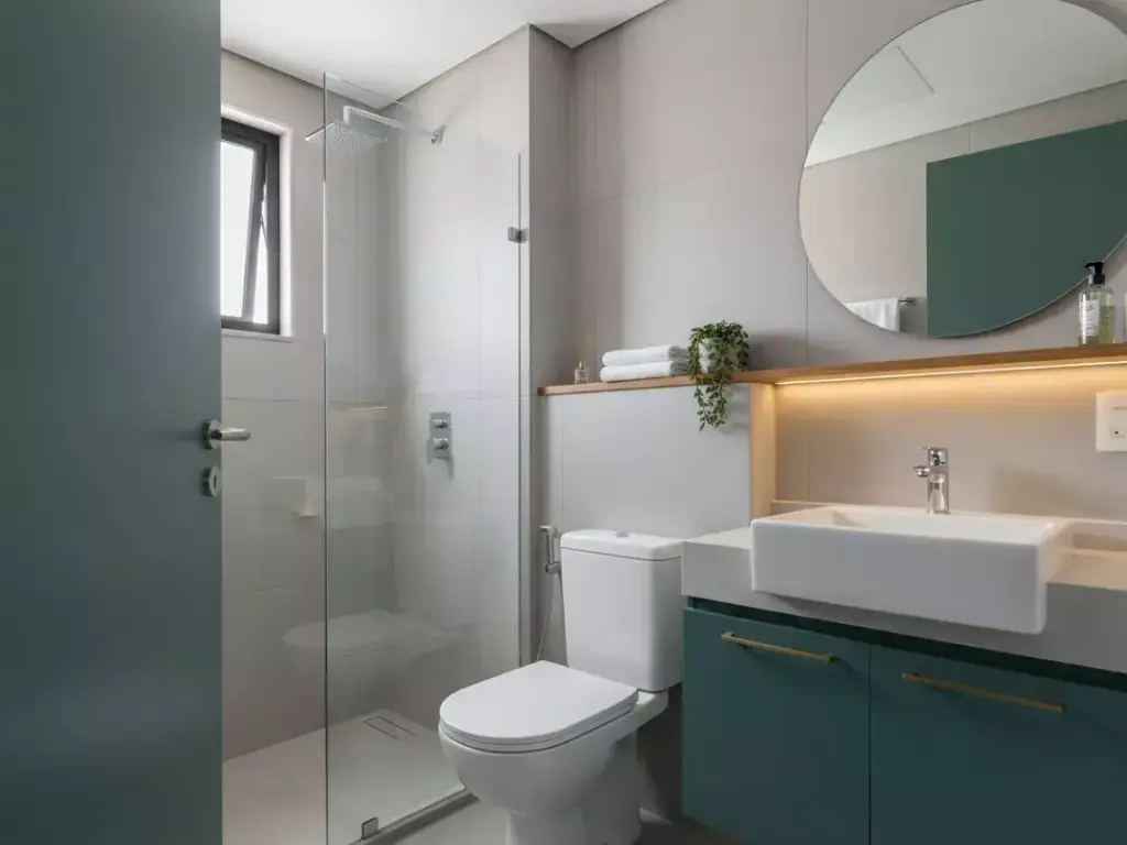Banheiro moderno com cores tendências 2026, refletindo a tendência da cor Hidden Gem