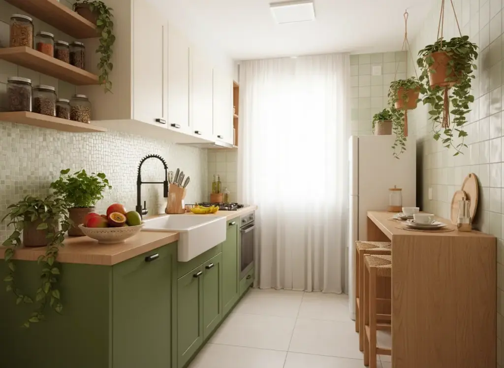 Armários verdes na tendência de cores para 2026, decorada com plantas suspensas e utensílios de cozinha