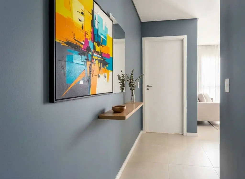 Hall de entrada modernizado com parede azul acinzentado, quadro de arte colorido e uma prateleira com vaso de plantas,