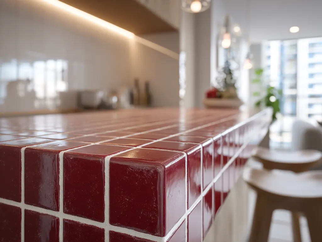 Detalhe de uma bancada de cozinha com revestimento de azulejos vermelhos brilhantes