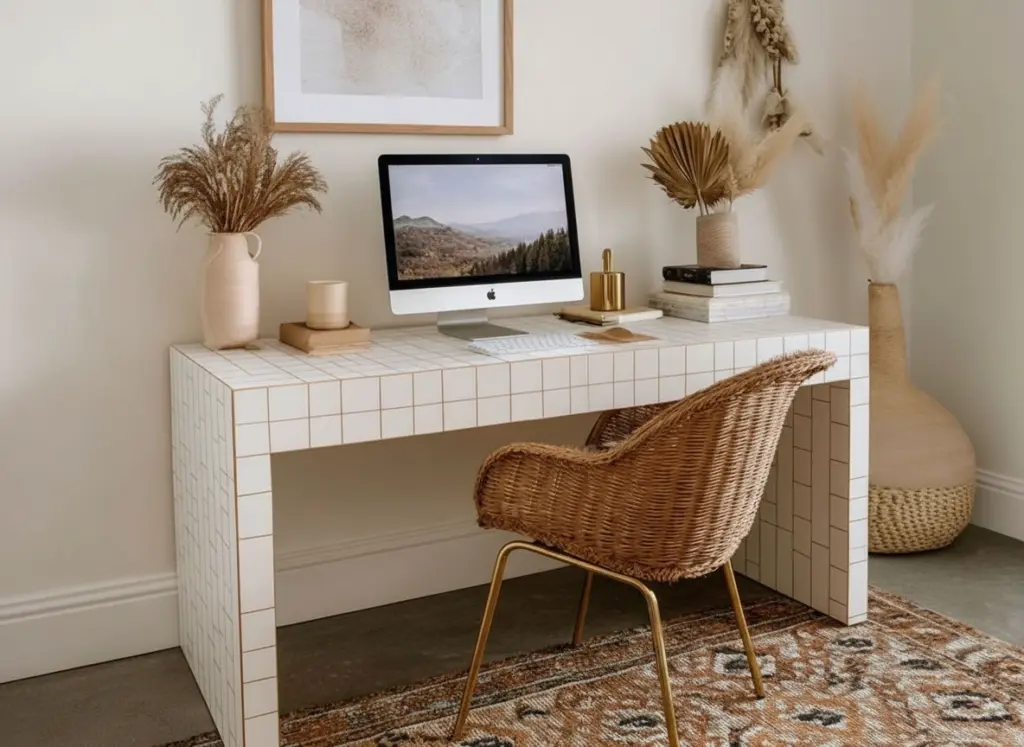 Espaço de trabalho com mesa moderna branca decorada com vasos, livros e um computador