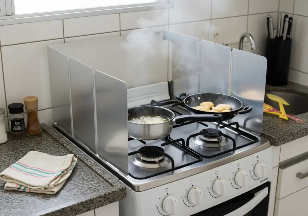 Fogão com duas panelas em uso, uma fervendo água e outra com alimentos sendo grelhados, protegido por uma divisória de proteção de óleo 