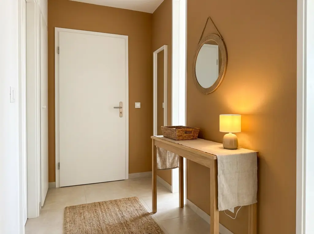 Entrada com parede marrom papel kraft, móvel em madeira, espelho redondo e luminária