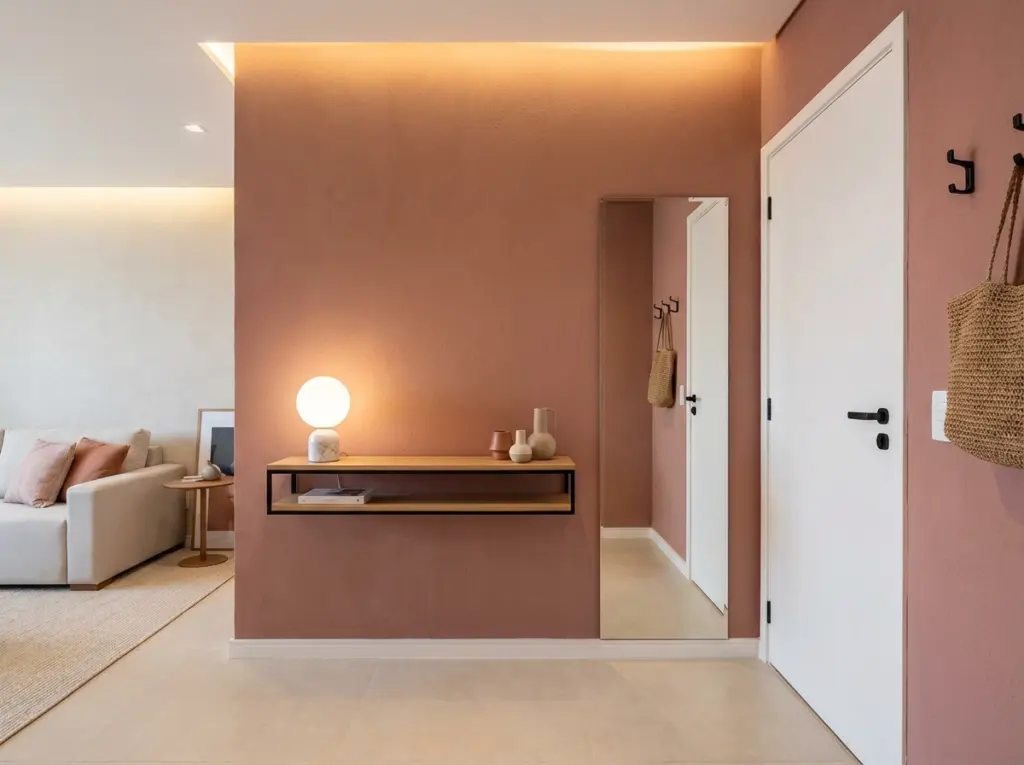 Hall de entrada com parede rosa terroso no decor minimalista, incluindo painel com objetos decorativos, espelho e porta branca ao lado.
