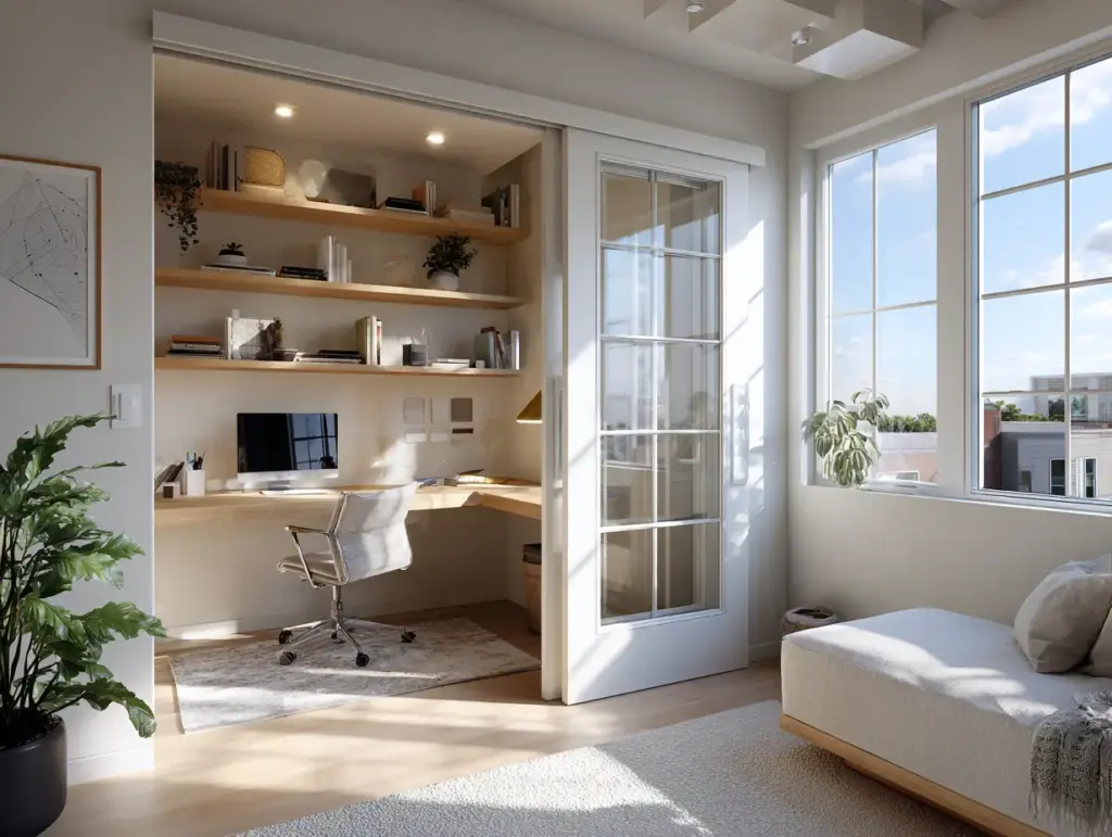 Home-office com móveis modernos, prateleiras de madeira, iluminação natural, porta de correr e plantas 