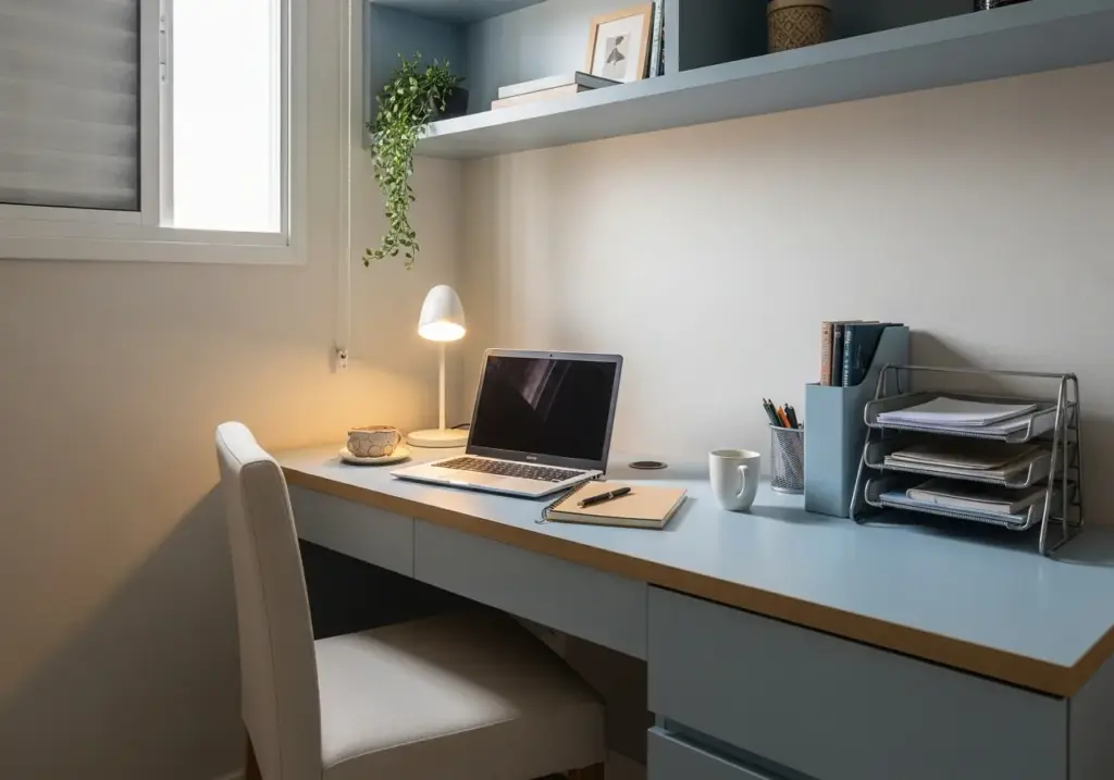Espaço de trabalho com mesa de madeira, cadeira confortável, prateleiras e iluminação 
