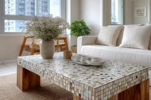 Decoração moderna com mesa de mosaico de azulejos - tile furniture, sofá branco e plantas