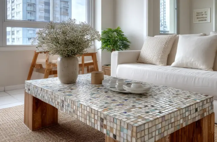 Decoração moderna com mesa de mosaico de azulejos - tile furniture, sofá branco e plantas
