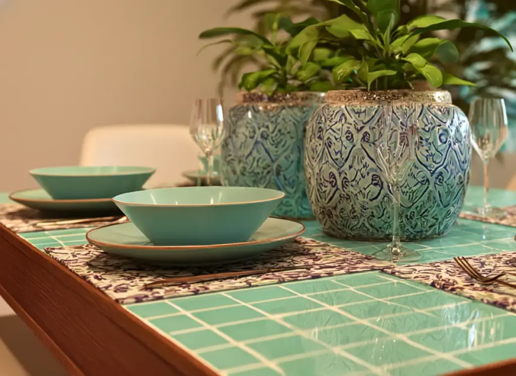 Mesa de jantar decorada com pratos de cerâmica verde, vasos decorativos com plantas e taças de vidro