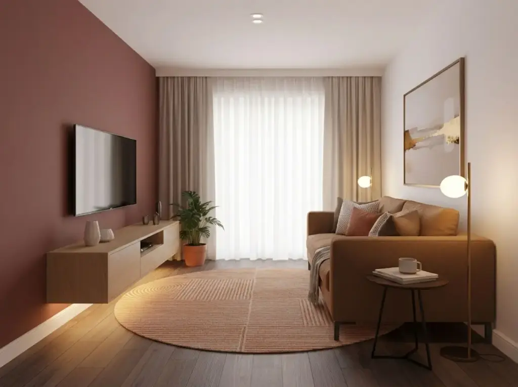 Sala moderna com parede de tom mogno quente, decorada com móveis neutros e iluminação suave