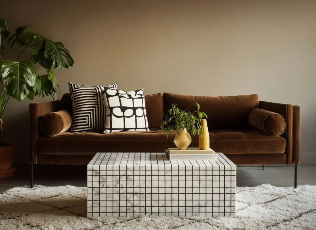 Sofá de veludo marrom com almofadas decorativas e mesa de centro com rejunte preto