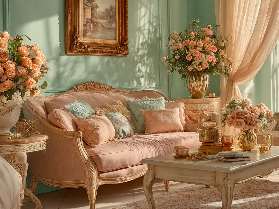 Decorada no estilo shabby chic com sofá antigo, almofadas suaves, flores em vasos dourados e uma parede verde clara ao fundo.