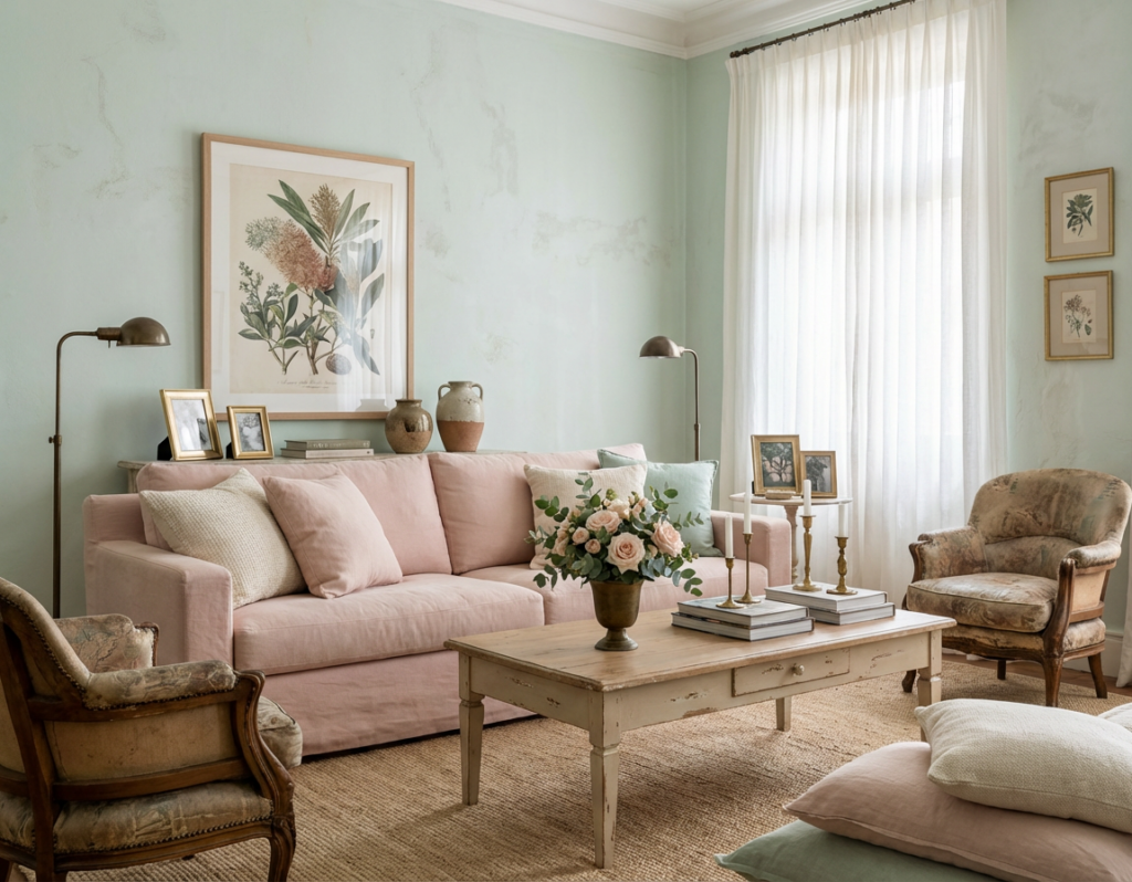 Sala de estar decorada no estilo shabby chic com sofá rosa claro, poltronas vintage, móvel de centro de madeira