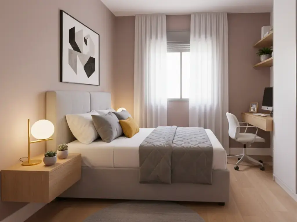 Quarto decorado na cor tempestade suvinil, uma das cores de 2026, com paredes em tom suave, cama com roupa cinza e detalhes em amarelo