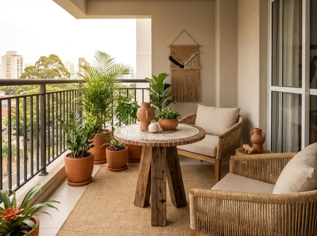 Varanda decorada com plantas e louças, ideal para relaxar e desfrutar de um ambiente ao ar livre com vista para natureza
