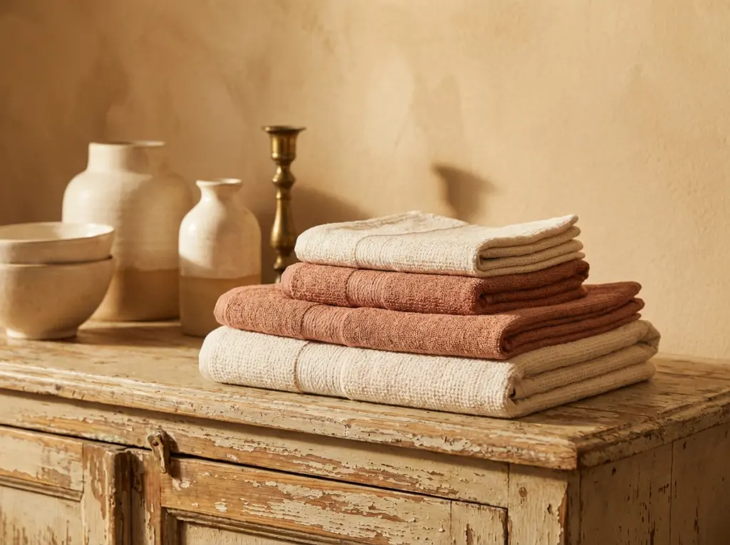 arranjo de toalhas de tecido em tom pastel e cerâmicas brancas em estilo shabby chic na madeira envelhecida