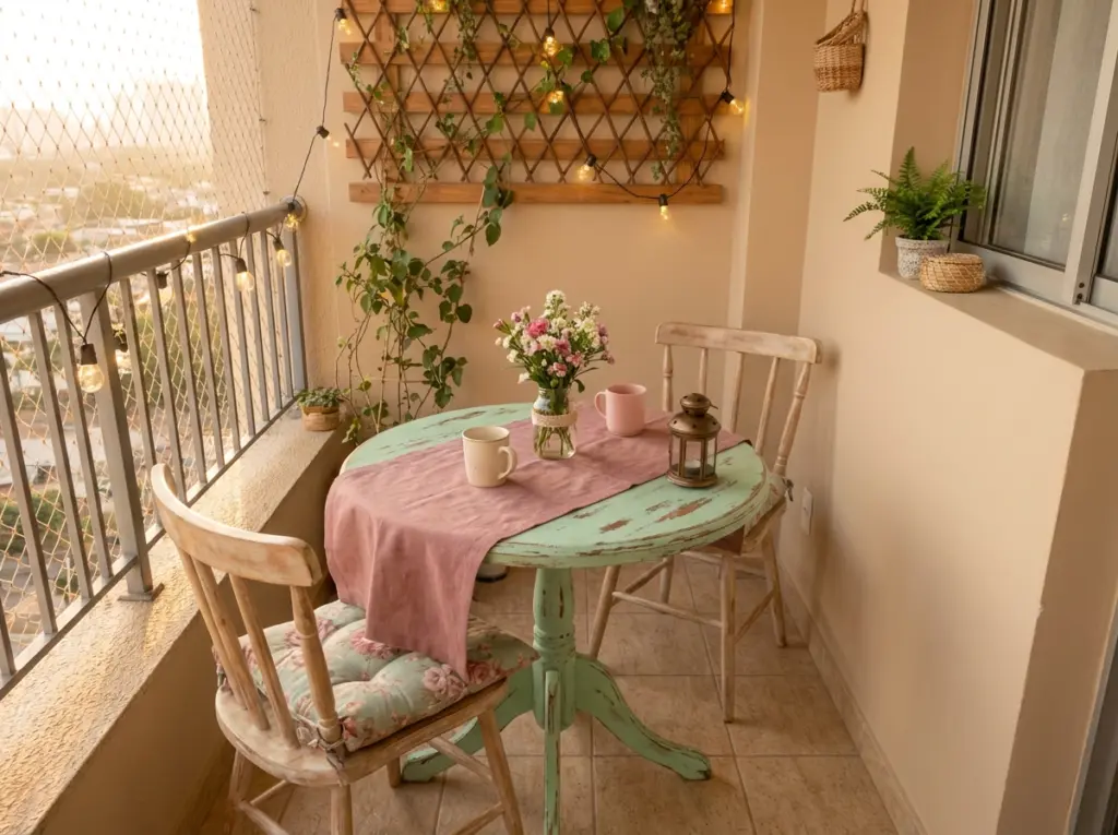 Varanda decorada no estilo shabby chic, com mesa de madeira pintada de verde, cadeiras de encosto alto, toalha rosa, plantas e luzes decorativas.