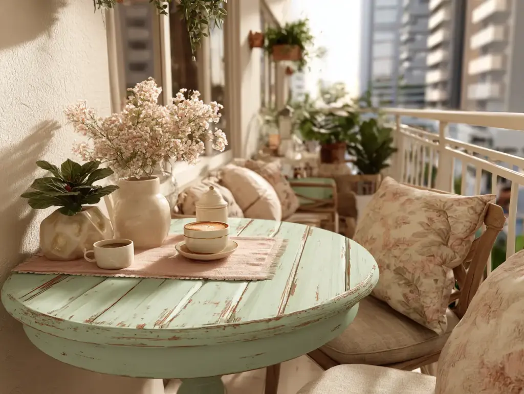 Decorada em estilo shabby chic com móveis de madeira pintados em cores pastel, almofadas florais, vasos com flores