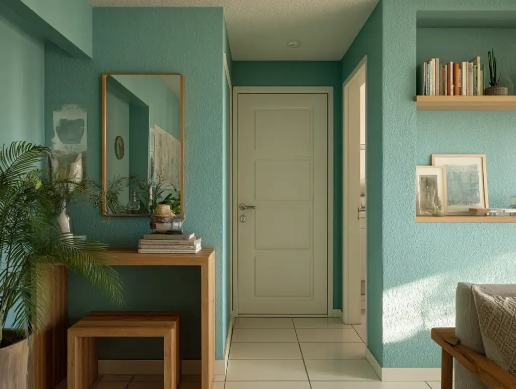 Hall com paredes em azul esverdeado, decoração moderna e aconchegante, com prateleiras de madeira e espelho