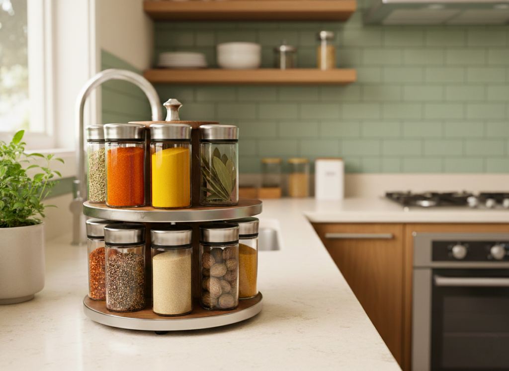 Suporte giratório para temperos organizado na cozinha com molhos, especiarias e ervas em potes de vidro, facilitando o acesso e a organização do espaço.