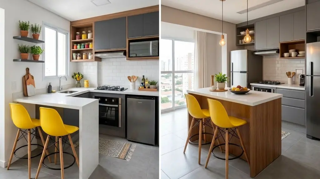 Colagem (duas fotos lado a lado) de cozinhas com bancadas e ilhas, destacando a diferença entre ambas, incluindo bancadas com iluminação natural e com pendentes modernas.