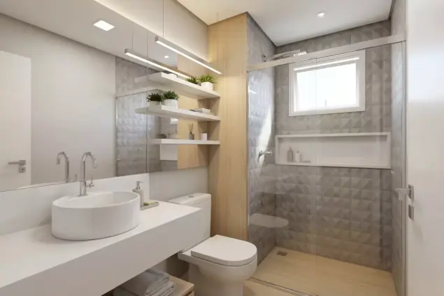 Banheiro moderno com decoração minimalista, espelhos, prateleiras e ducha de vidro, ideal para espaços sofisticados e funcionais.