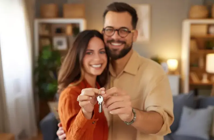 Casal feliz segurando chaves de uma casa, simbolizando conquista da casa própria com o programa Casa Sergipana