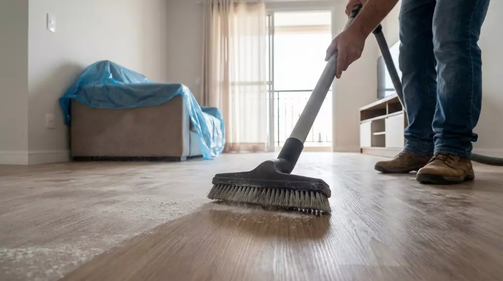 Pessoa limpa poeira fina do piso após pintura com espanador e aspirador de pó, evitando lama e facilitando a pós-pintura.