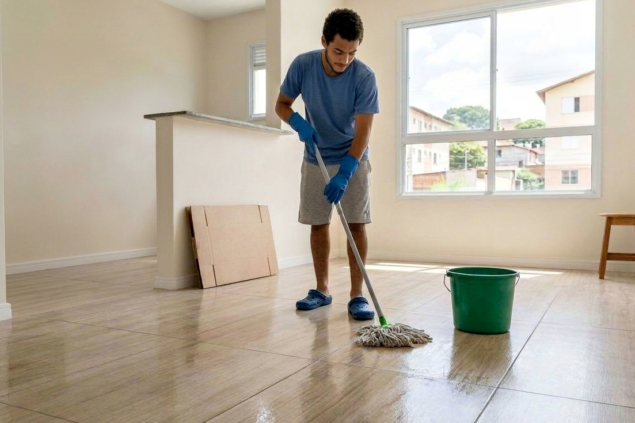 Homem realizando limpeza pós-obra em residência com piso de madeira, usando esfregão e balde, ambiente bem iluminado com janelas grandes.
