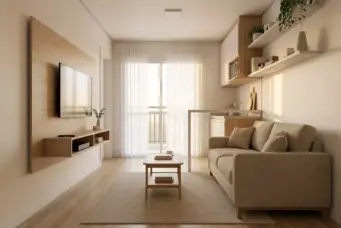 Sala minimalista com tons quentes, sofá bege, mesa de centro e luz natural suave criando um ambiente simples e acolhedor.