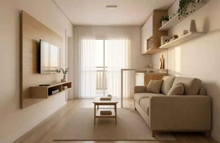 Sala minimalista com tons quentes, sofá bege, mesa de centro e luz natural suave criando um ambiente simples e acolhedor.