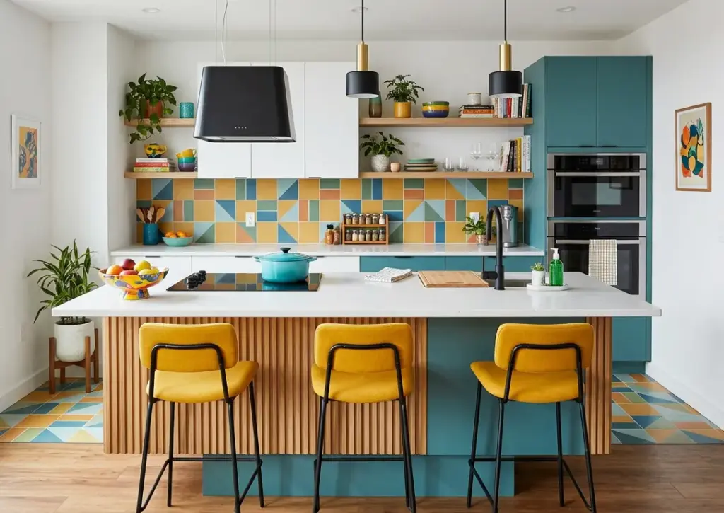 Uma cozinha moderna com ilha central, cadeiras amarelas, armários azuis e decoração colorida, destacando a ilha na cozinha.