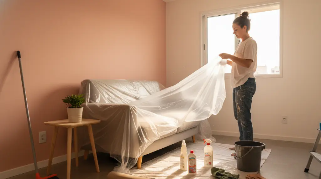 Mulher tirando lona pós pintura em casa, preparando a sala após a pintura das paredes, com ambiente limpo e organizado no apartamento.